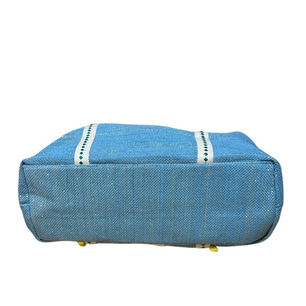 Beach Bag Express Edit Tote-Blue Tropical Embroidered Tote Bag with Pom-Pom Trim - Picture 2 of 16